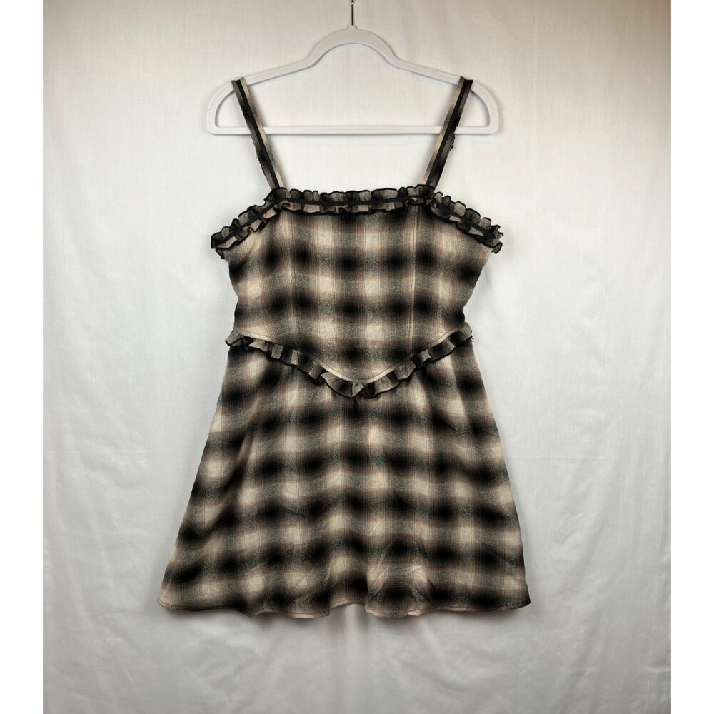 Heart & Heels Mini Dress Womens JR Size Large Brown Taupe Plaid Sleeveless Y2K - Picture 10 of 12